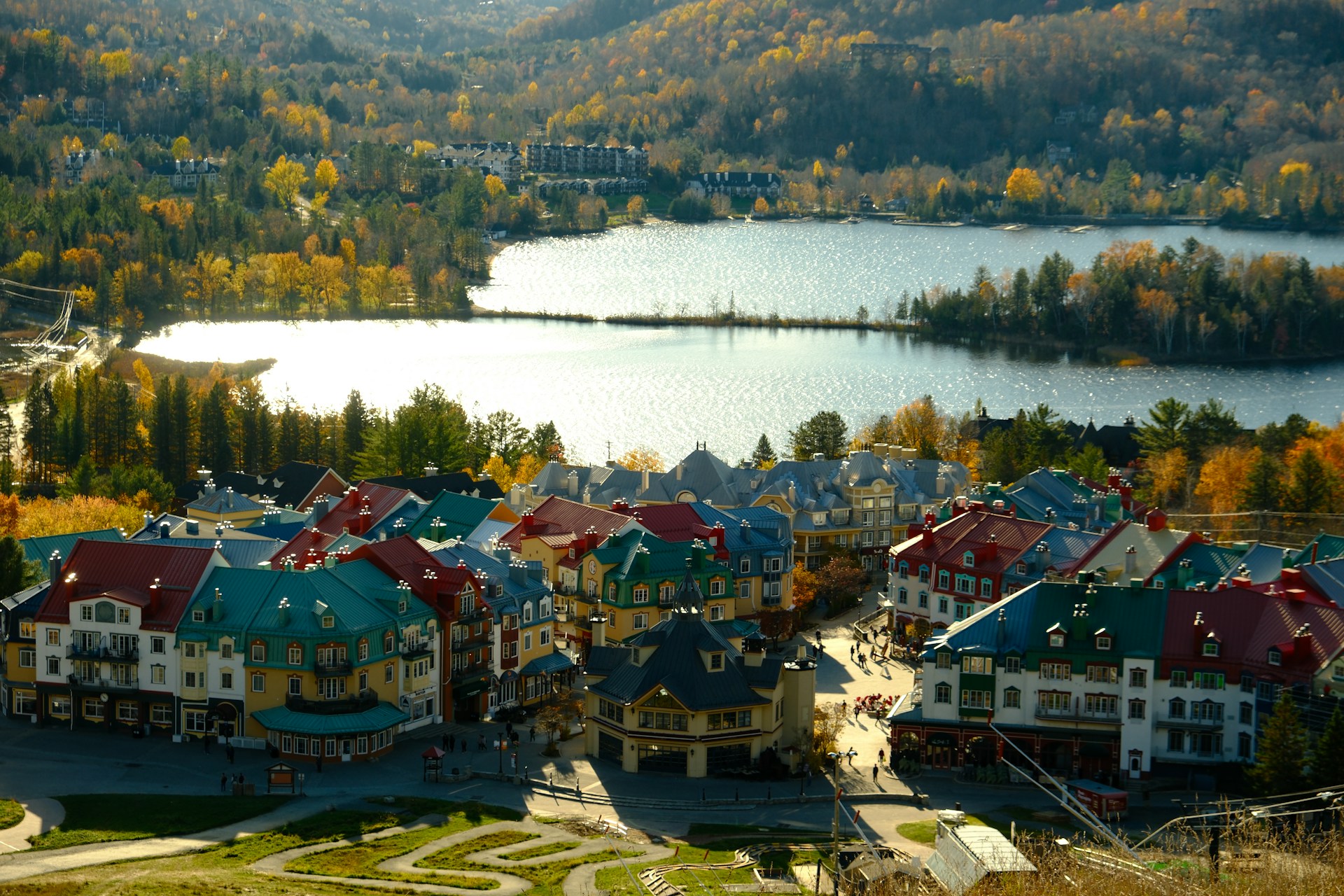 Mont-Tremblant pedestrian village and Lac Mercier in the fall